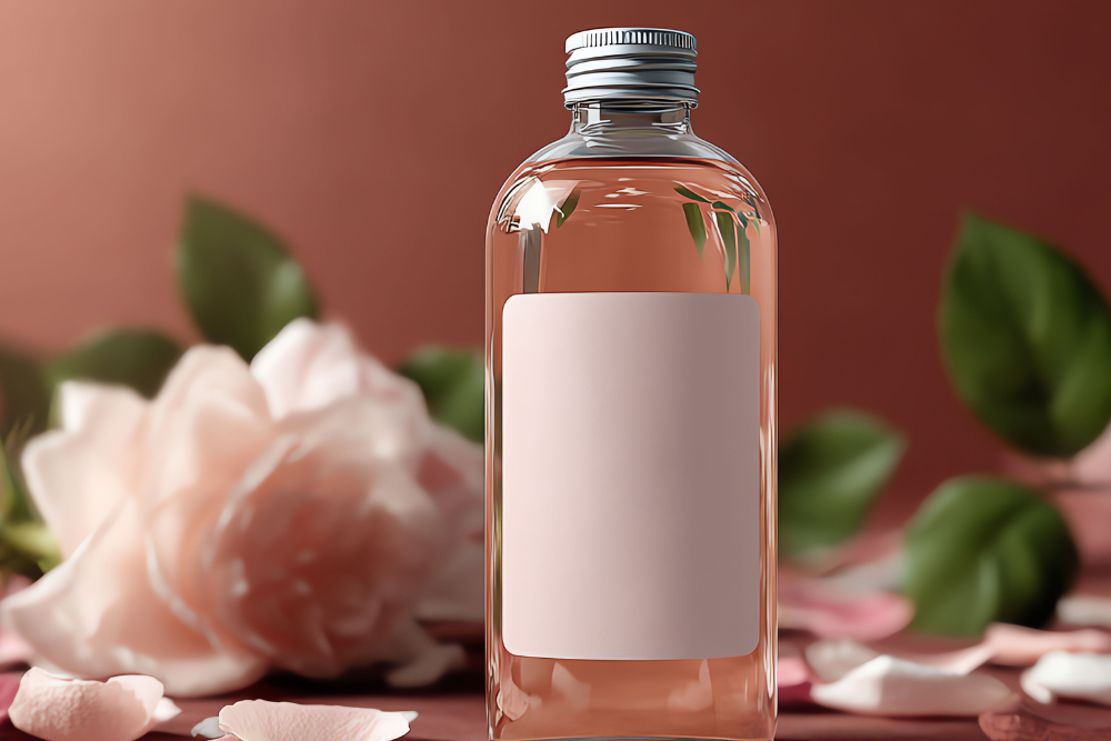 Szklana buteleczka z wodą kwiatową i kwiatem, symbol delikatnej i łagodnej pielęgnacji aromatycznej