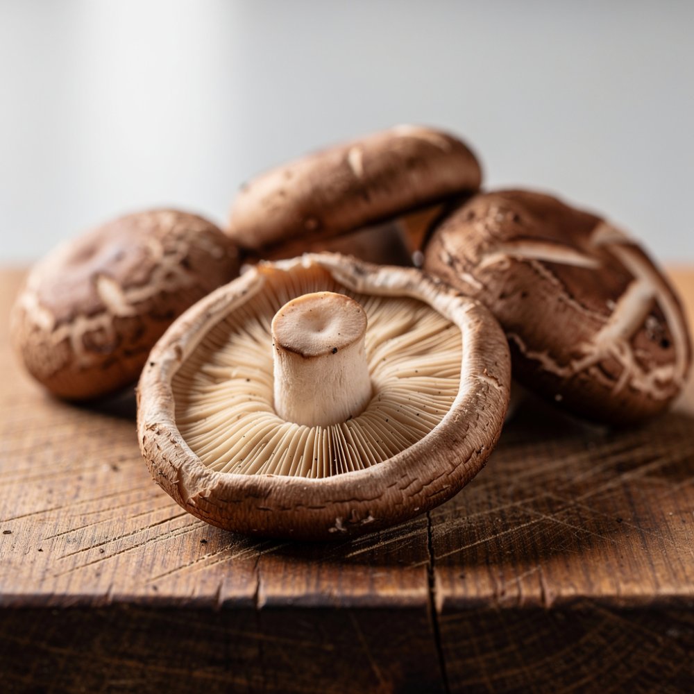 Świeże grzyby shiitake na drewnianej desce