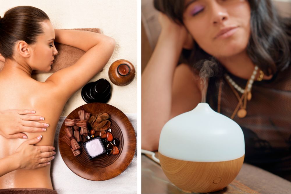 Relaksująca aromaterapia – dyfuzor z olejkiem eterycznym i świece w spokojnym otoczeniu