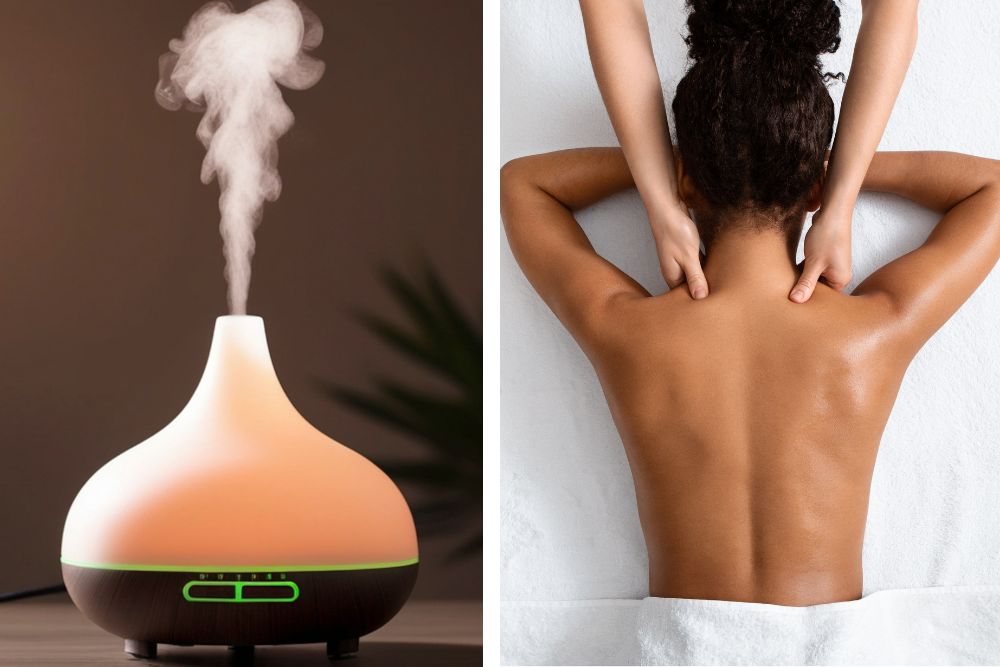 Dyfuzor z olejkiem eterycznym i relaksujący masaż pleców w aromaterapii