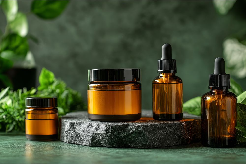 Buteleczki z olejkami eterycznymi na naturalnym tle – naturalna pielęgnacja kosmetyczna.