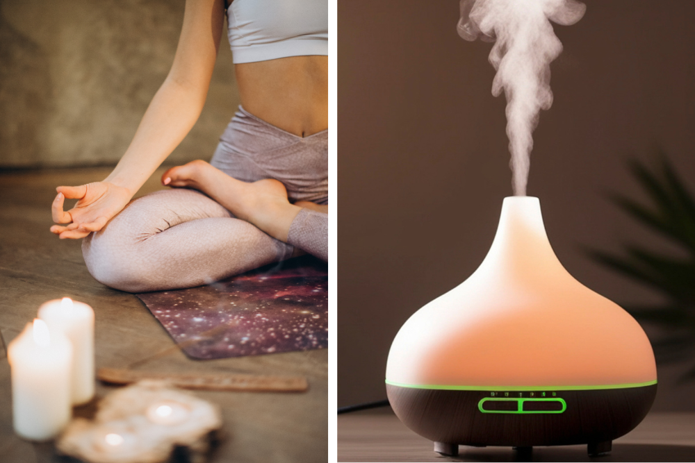 Kobieta podczas relaksu i dyfuzor aromatyczny z delikatną parą, atmosfera domowej aromaterapii i spokoju.