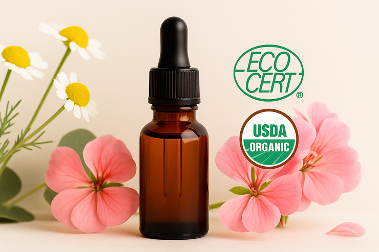 Buteleczka olejku eterycznego z kwiatami i logo ECOCERT oraz USDA Organic.