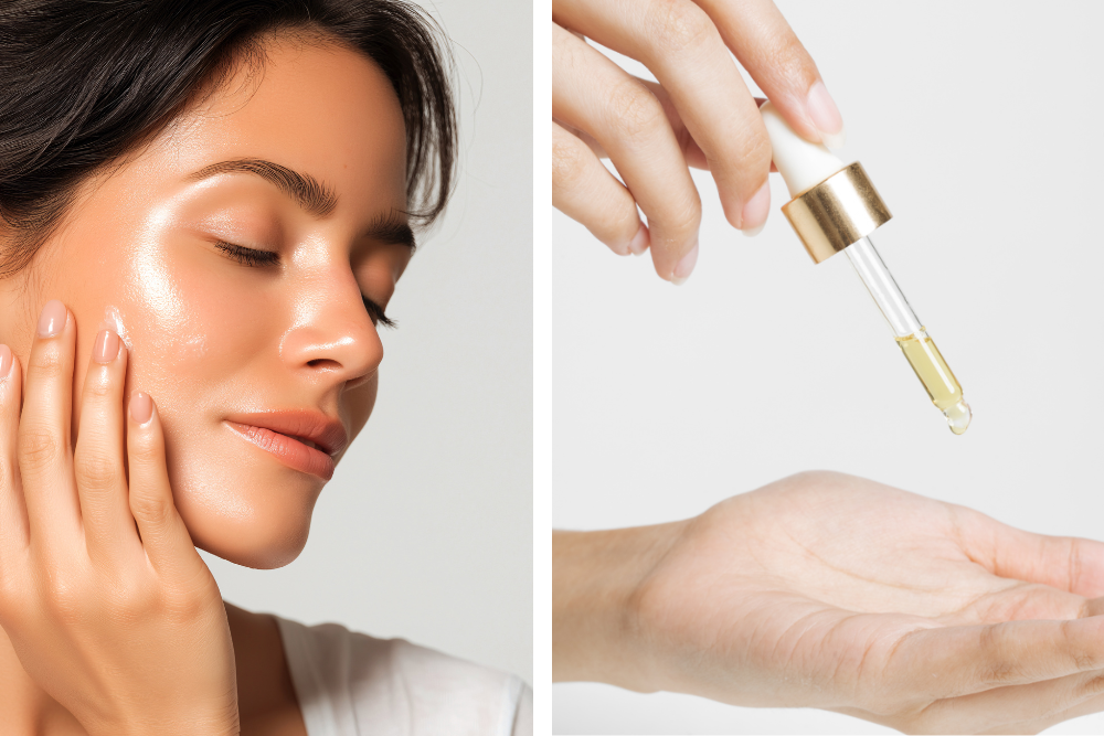 Kobieta nakłada olej jojoba na cerę za pomocą zakraplacza – szczegół aplikacji naturalnego olejku do twarzy na skórę.