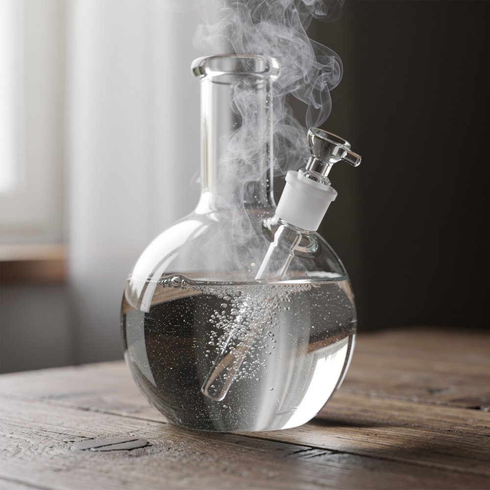 Szklany bong wodny z wodą i dymem Szklany bong wodny z wodą i dymem